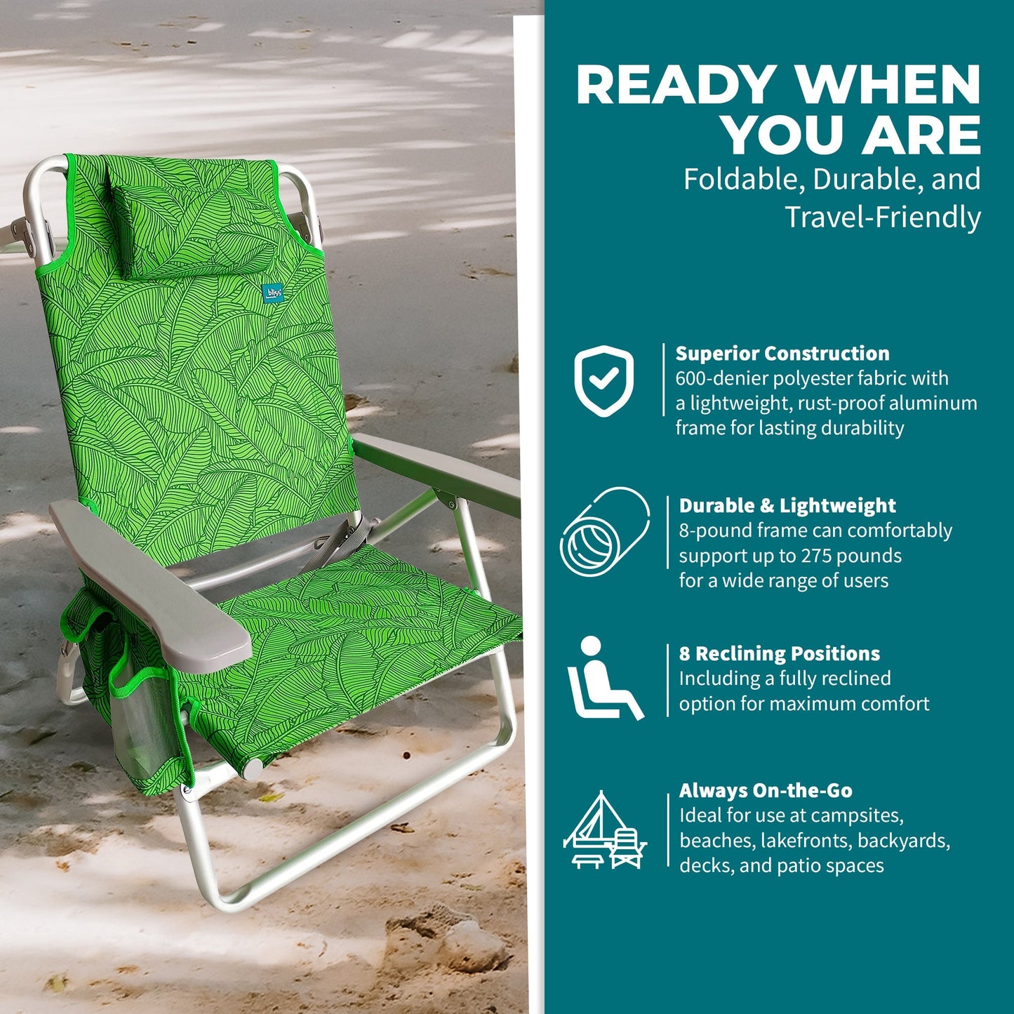 Bliss Hammocks Folding Beach Chair, Recliner with Towel Rack, Banana Leaves