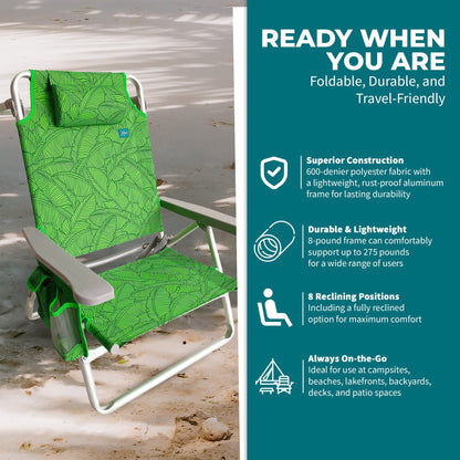 Bliss Hammocks Folding Beach Chair, Recliner with Towel Rack, Banana Leaves
