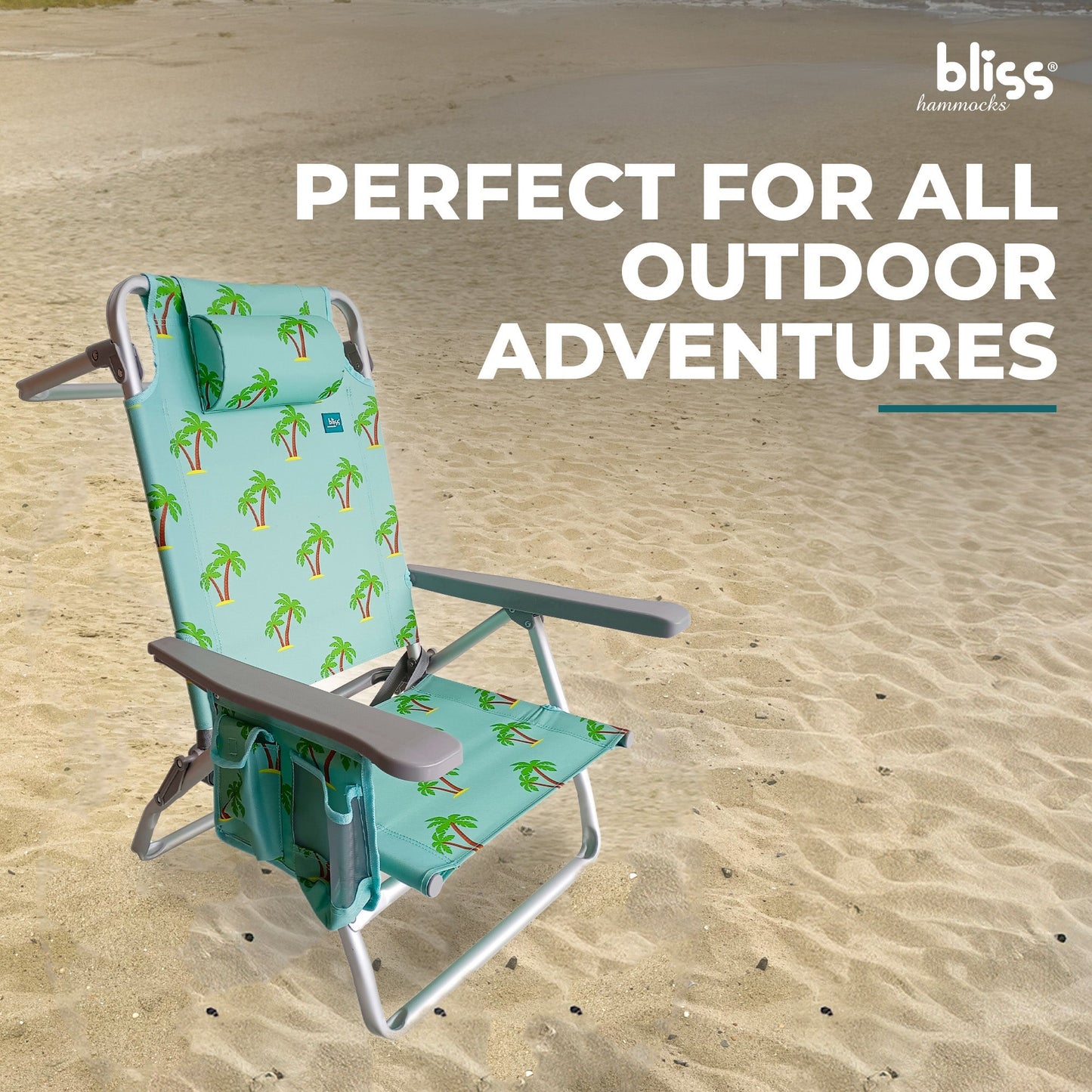 Bliss Hammocks Folding Beach Chair, Backpack Recliner with Towel Rack, Palm Tree