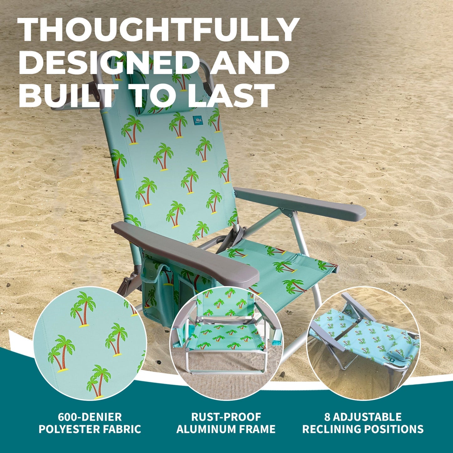 Bliss Hammocks Folding Beach Chair, Backpack Recliner with Towel Rack, Palm Tree