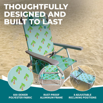 Bliss Hammocks Folding Beach Chair, Backpack Recliner with Towel Rack, Palm Tree