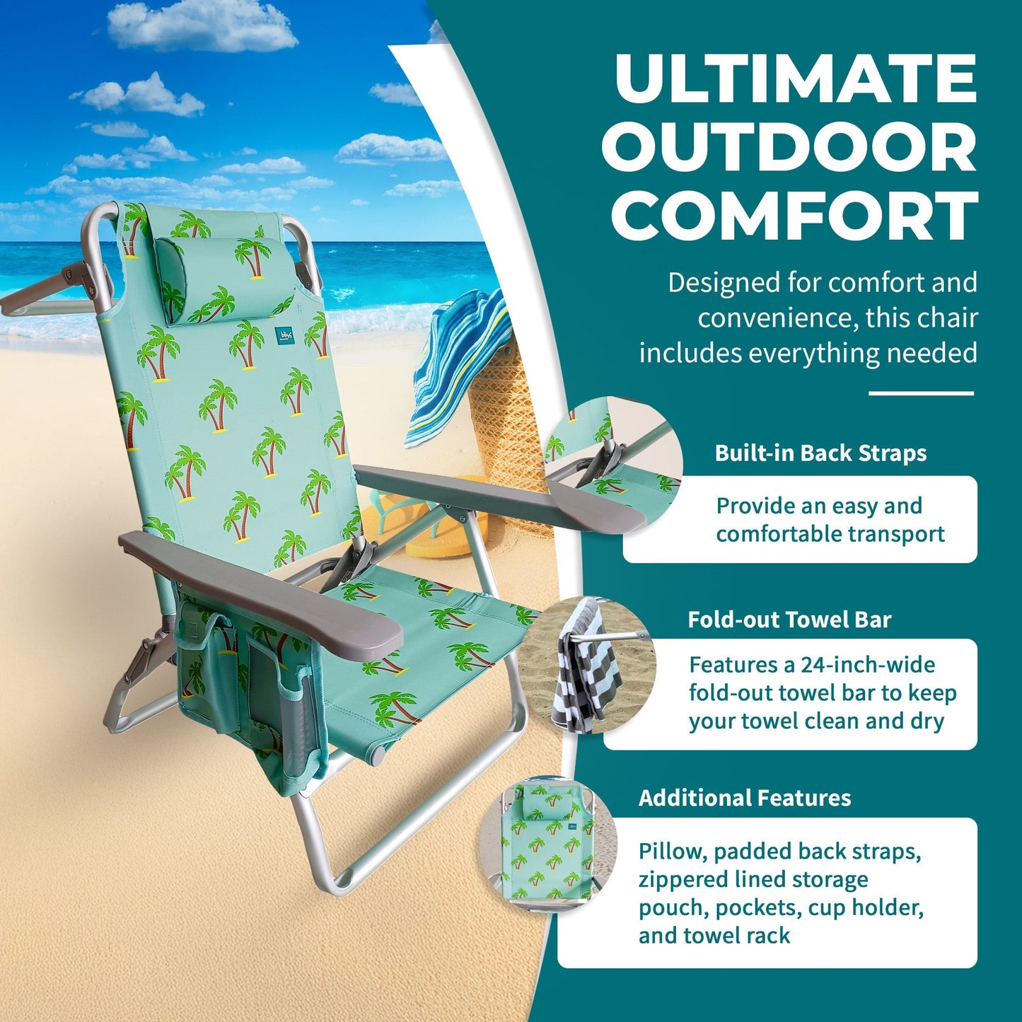 Bliss Hammocks Folding Beach Chair, Backpack Recliner with Towel Rack, Palm Tree