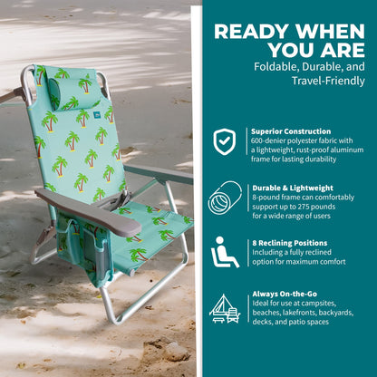 Bliss Hammocks Folding Beach Chair, Backpack Recliner with Towel Rack, Palm Tree