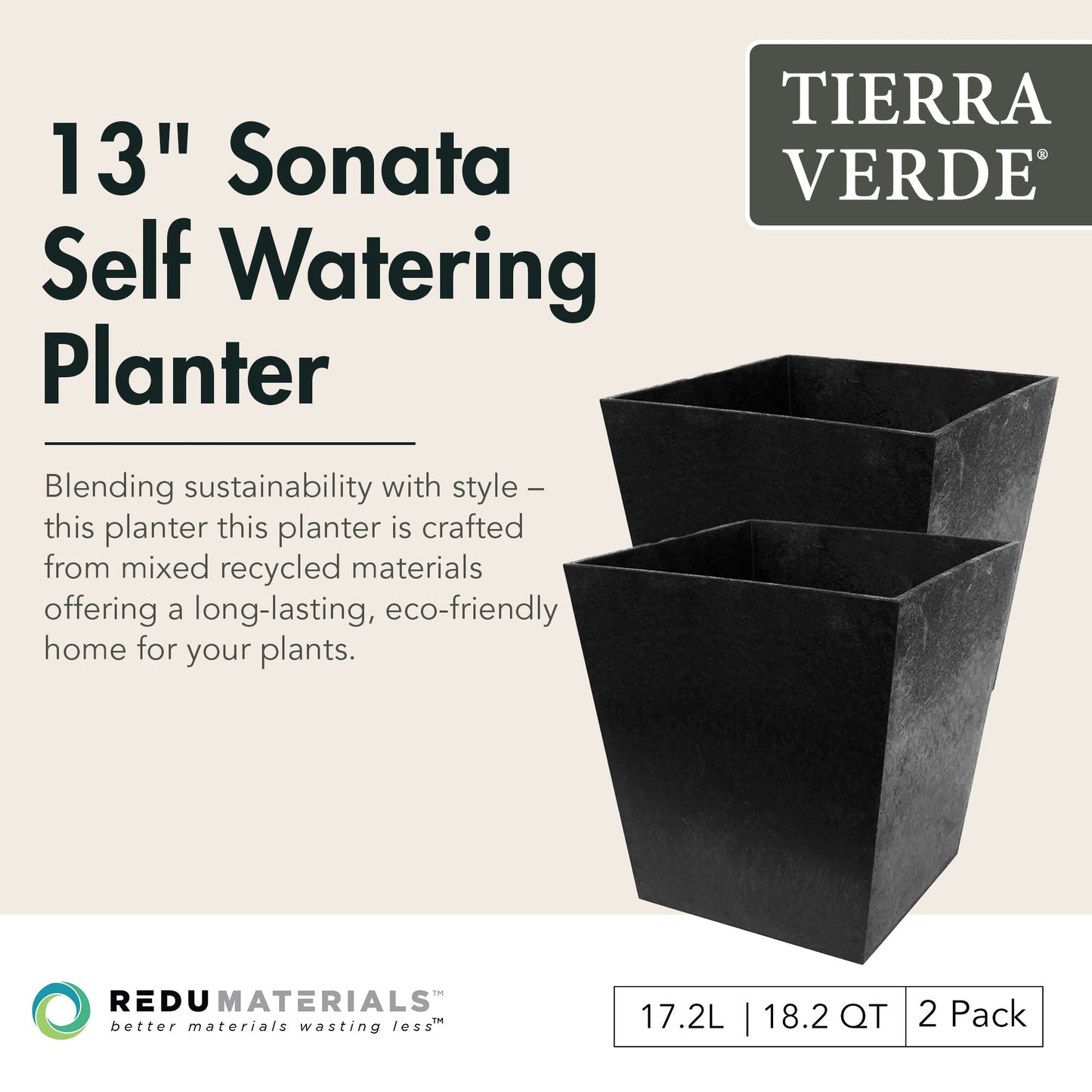 Tierra Verde 2 Pack Indoor Outdoor 13 Inch Self Watering Planters, Sonata, Black