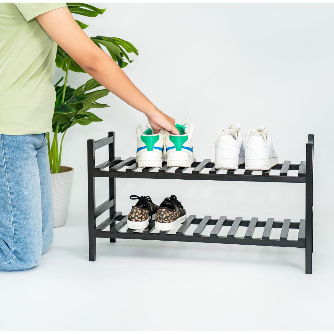 PJ Wood Stackable Wood Shoe Rack Organizer Shelf Closet Entryway Bedroom, Black