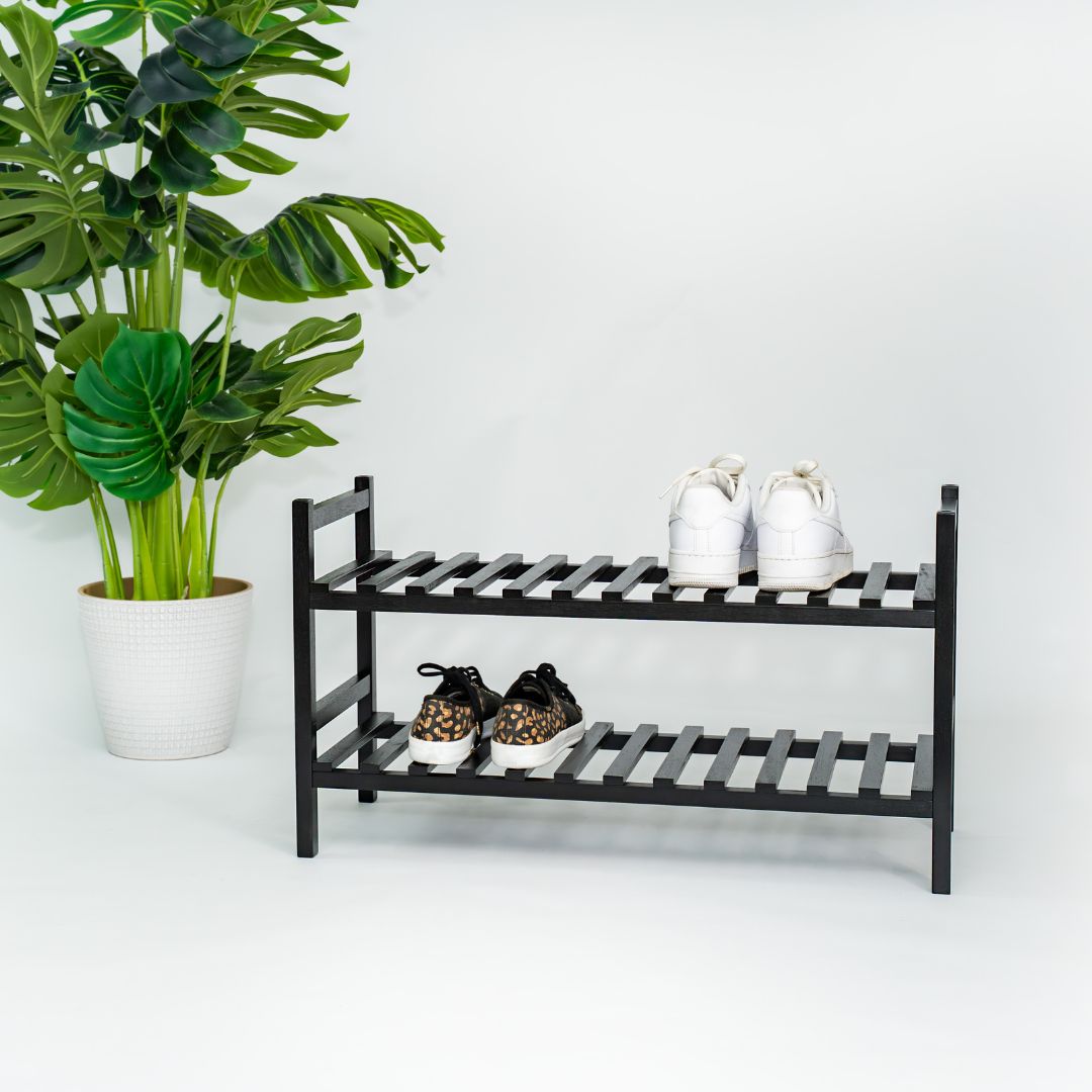 PJ Wood Stackable Wood Shoe Rack Organizer Shelf Closet Entryway Bedroom, Black