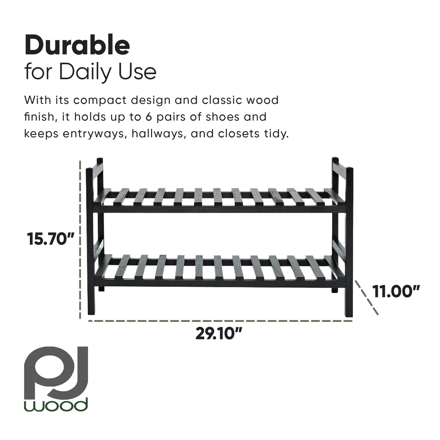 PJ Wood Stackable Wood Shoe Rack Organizer Shelf Closet Entryway Bedroom, Black