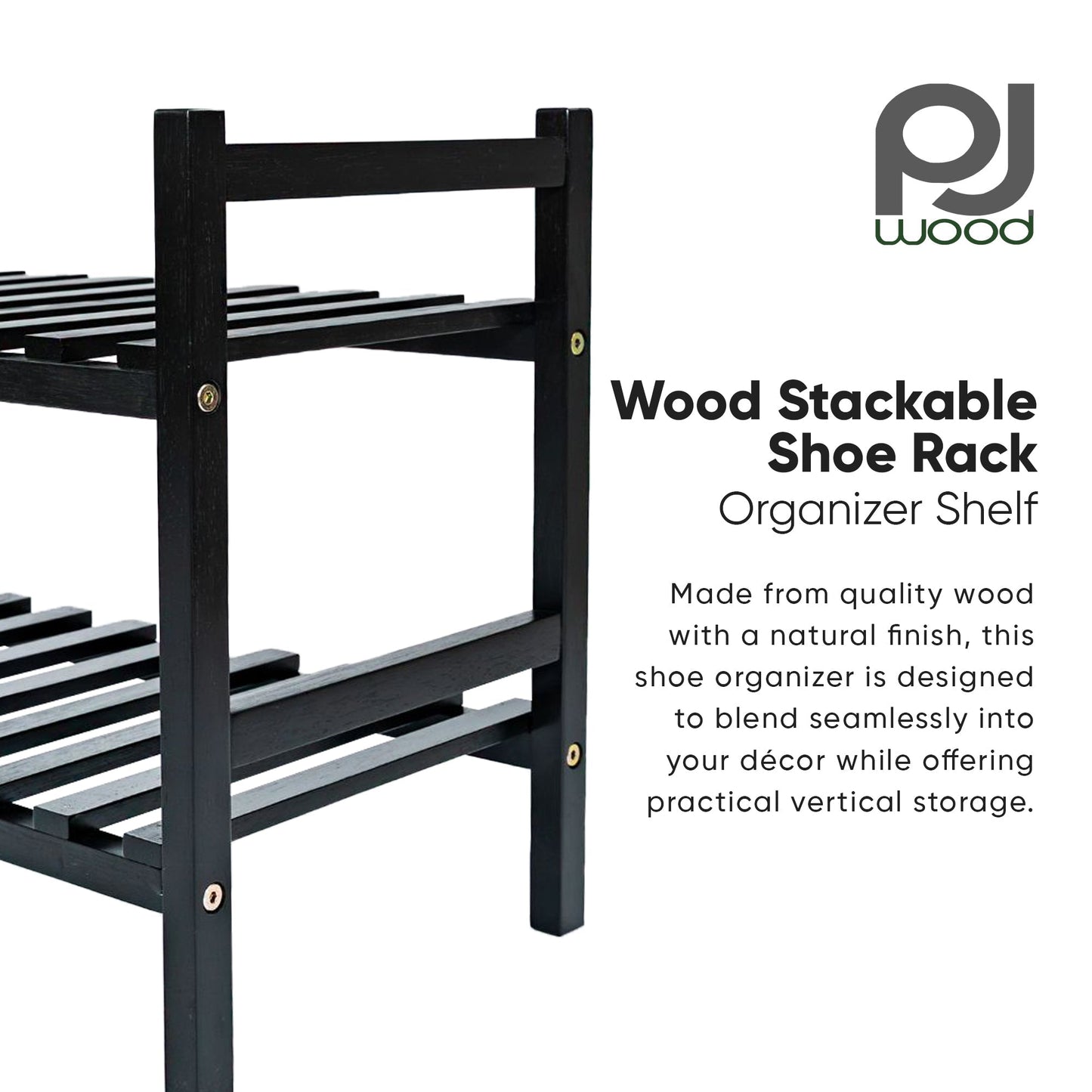 PJ Wood Stackable Wood Shoe Rack Organizer Shelf Closet Entryway Bedroom, Black
