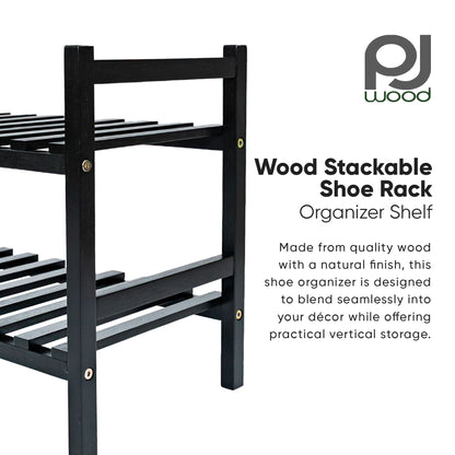 PJ Wood Stackable Wood Shoe Rack Organizer Shelf Closet Entryway Bedroom, Black