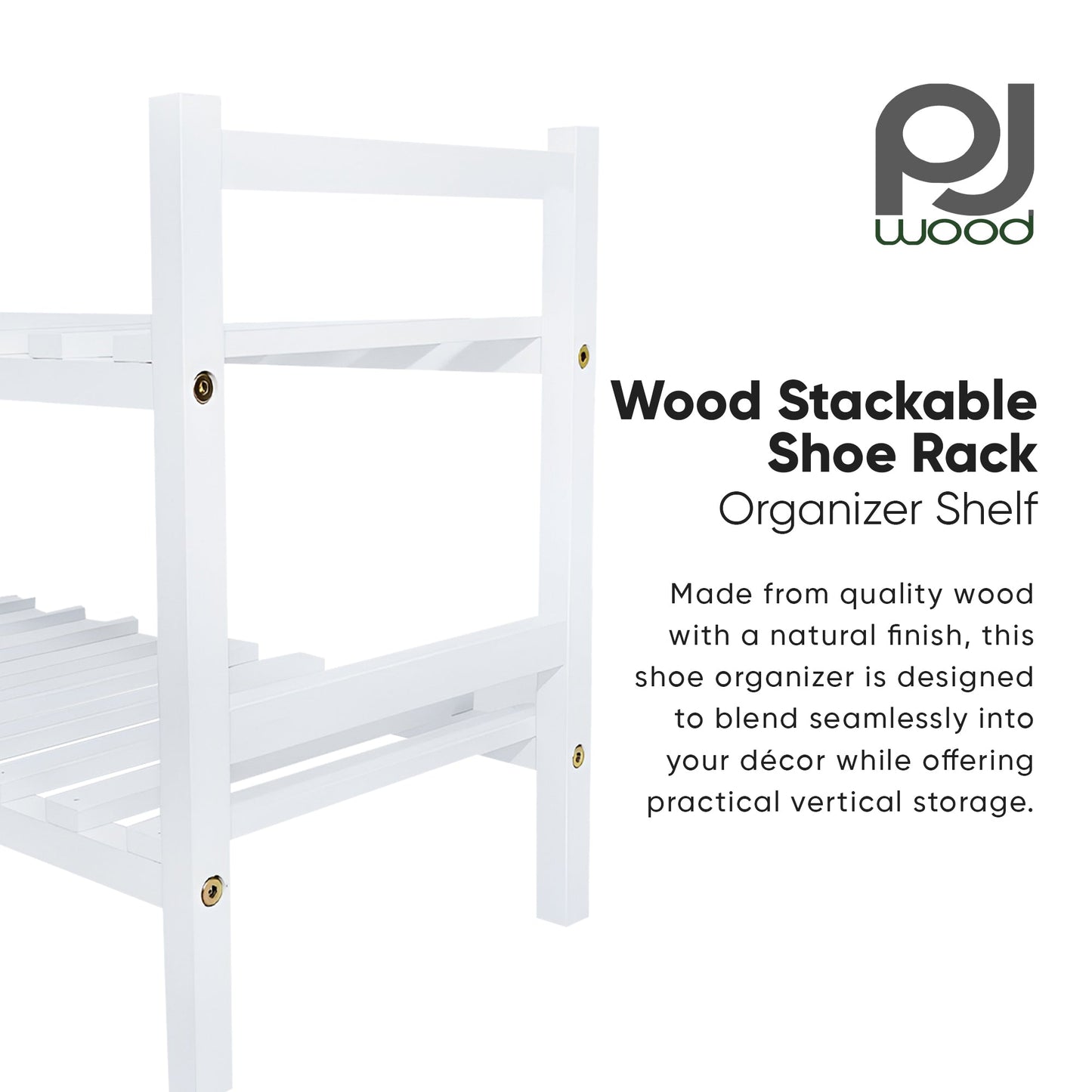 PJ Wood Stackable Wood Shoe Rack Organizer Shelf Closet Entryway Bedroom, White