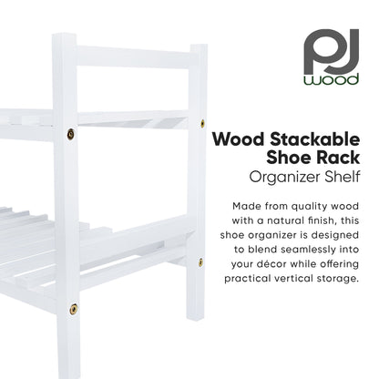 PJ Wood Stackable Wood Shoe Rack Organizer Shelf Closet Entryway Bedroom, White
