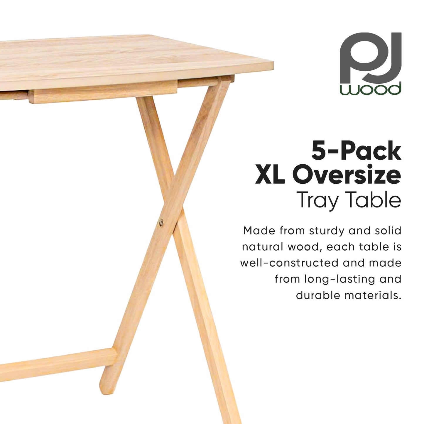 PJ Wood 5 Pack XL Oversize Tray Table for Living Room or Kitchen, Natural Wood