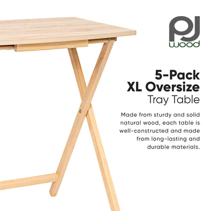 PJ Wood 5 Pack XL Oversize Tray Table for Living Room or Kitchen, Natural Wood