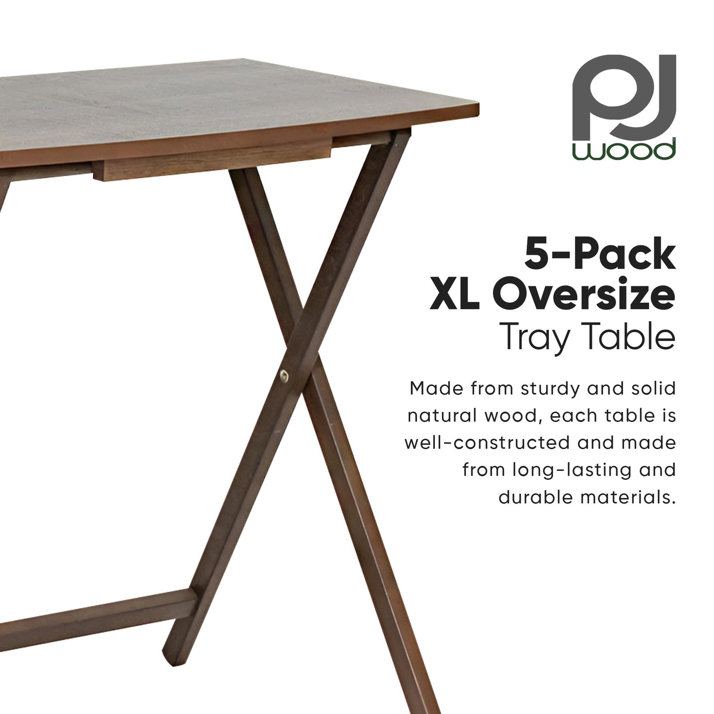 PJ Wood 5 Pack XL Oversize Tray Table, Living Room or Kitchen, Rustic Espresso