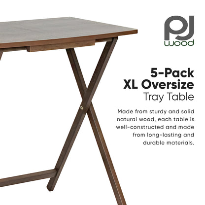 PJ Wood 5 Pack XL Oversize Tray Table, Living Room or Kitchen, Rustic Espresso