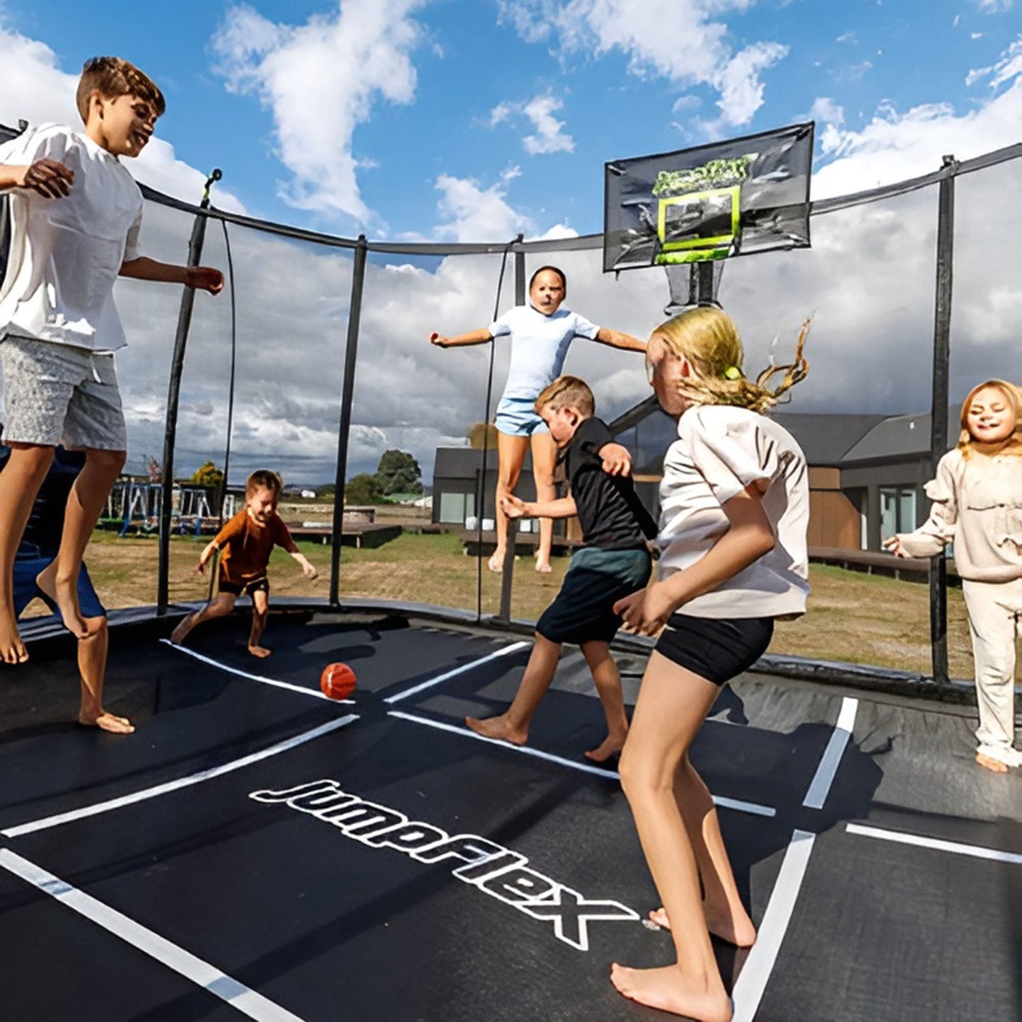 JumpFlex MEGA 17' Trampoline, Large Outdoor Jumping Play Set with Net and Ladder