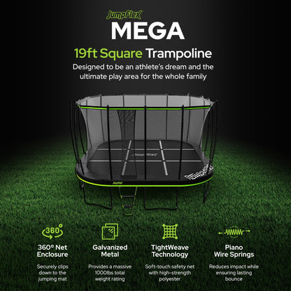 Jumpflex MEGA 19' Square Trampoline, Outdoor Play Equipment with Net & Ladder