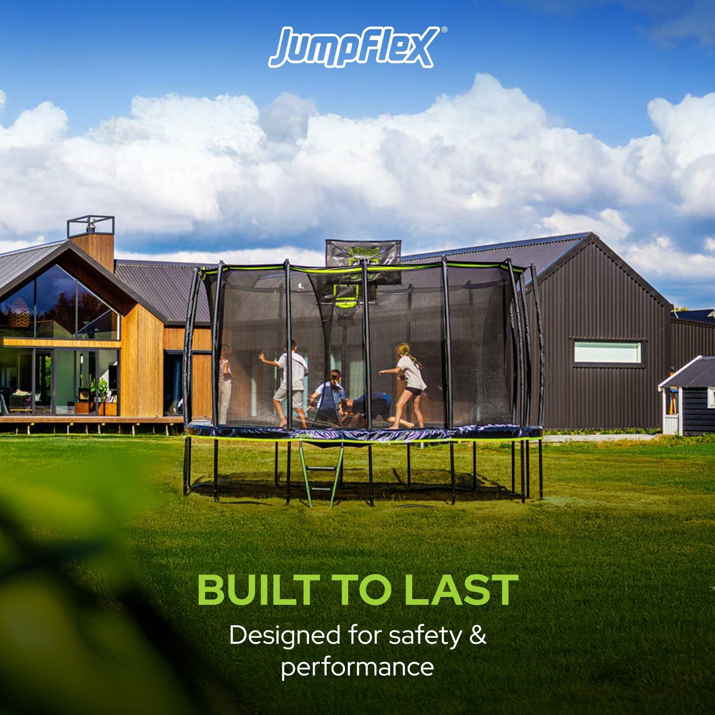 Jumpflex MEGA 19' Square Trampoline, Outdoor Play Equipment with Net & Ladder