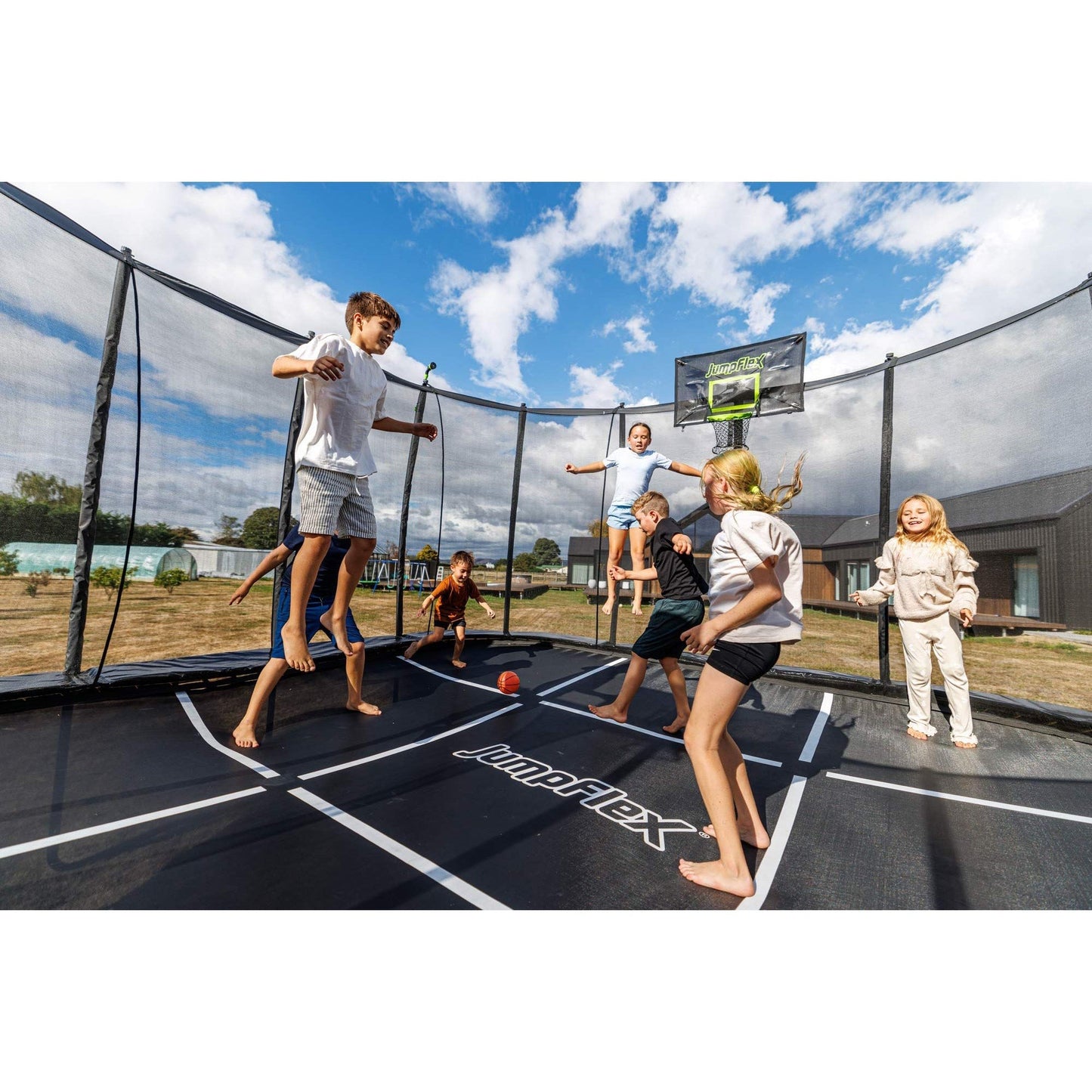 Jumpflex MEGA 19' Square Trampoline, Outdoor Play Equipment with Net & Ladder