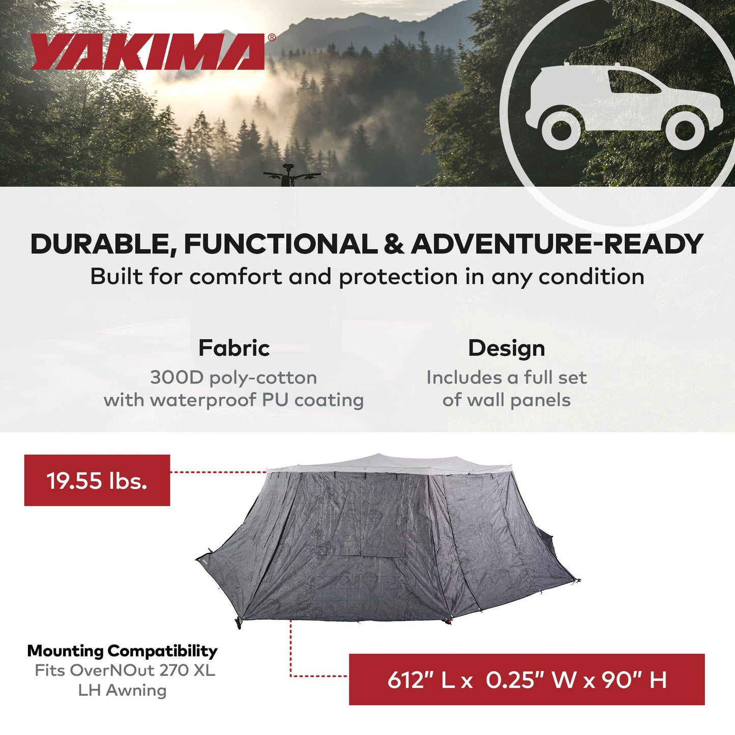 Yakima OverNOut 270 XL LH Full Wall Kit Awning Accessory with Door Panel, Gray