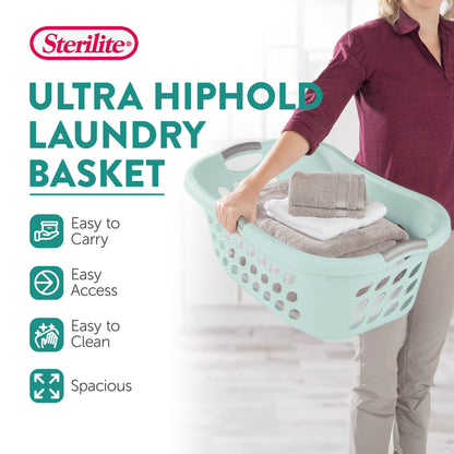 Sterilite 18 Pack Plastic Laundry Basket Ultra HipHold 1.25 Bu Contour Rim, Mint