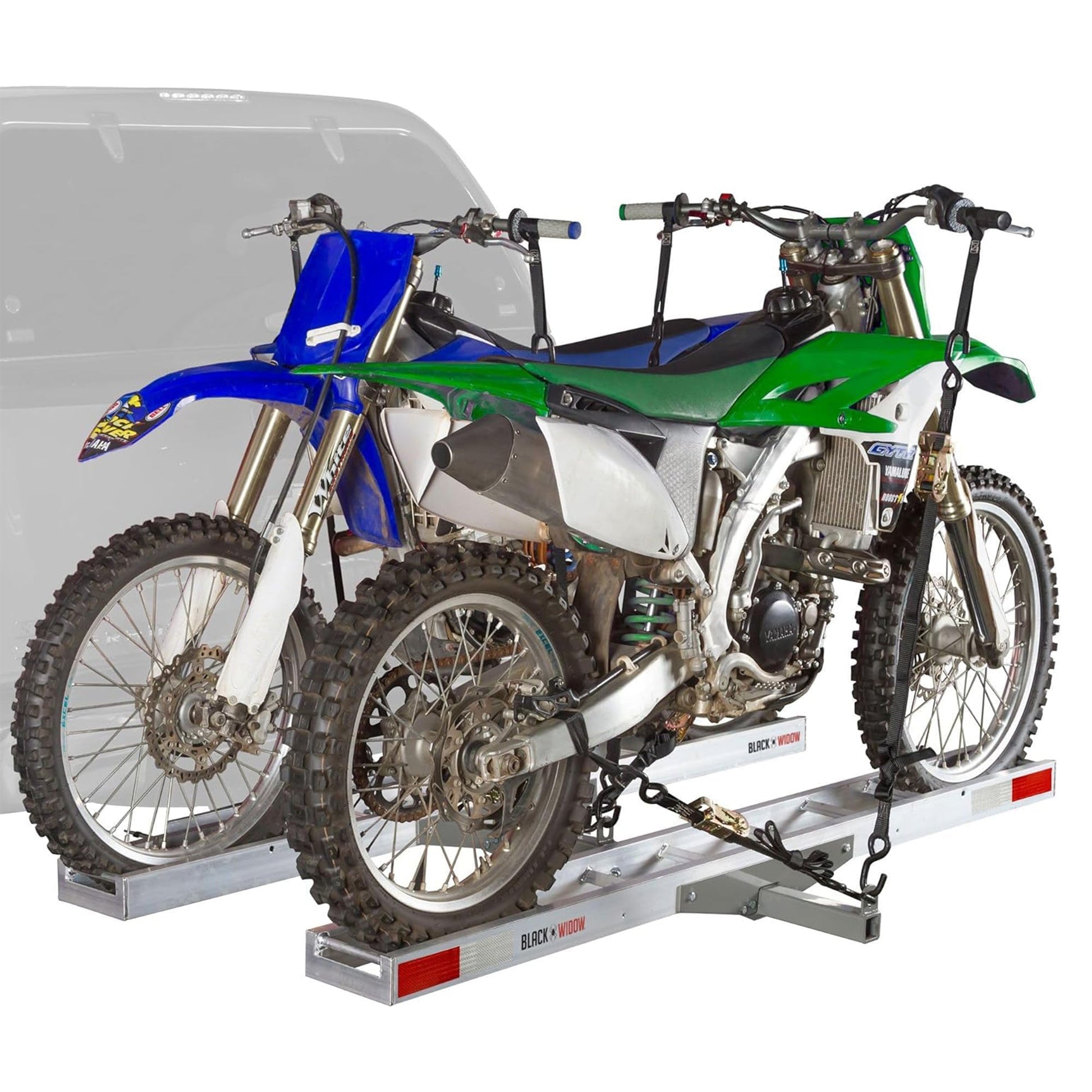 Black Widow Double Motorcycle Carrier with Ramp for 2" Hitch, 600 Pound Capacity - Find Fresh Goods