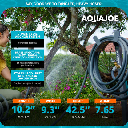 Sun Joe Steel Garden Hose Stand, Brass Faucet, Quick Install Base, SJ-SHSBB-GRY