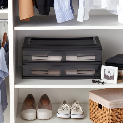 Homz Plastic 2 Drawer Wide Storage Cart, Black Frame with Smoke Drawer, 2 Pack