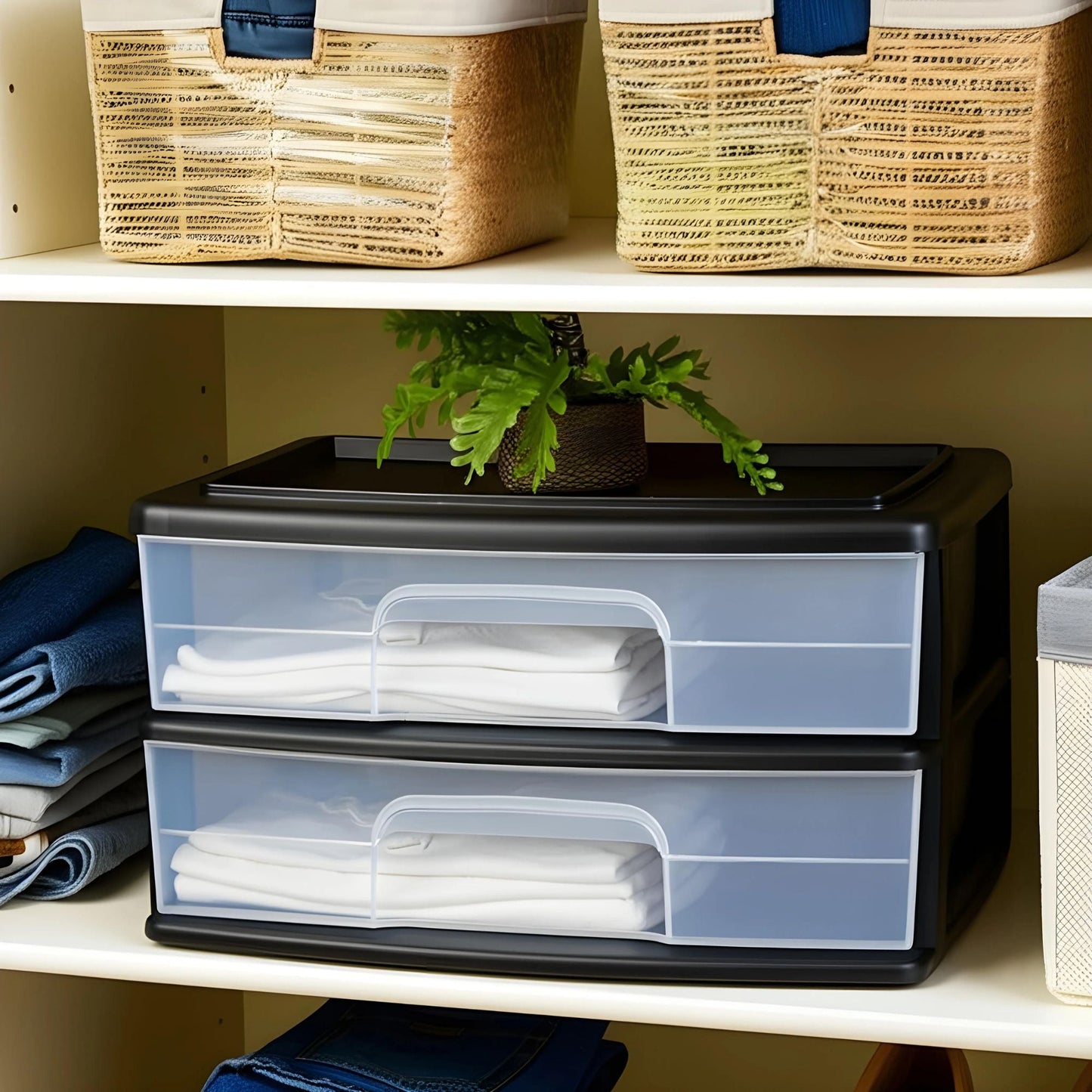 Homz Plastic 2 Drawer Wide Storage Cart, Black Frame with Clear Drawer, 2 Pack