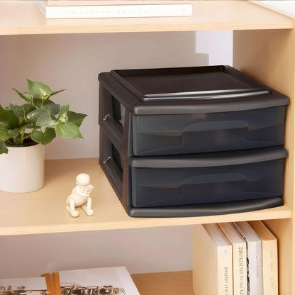 Homz Plastic 2 Drawer Medium Storage Cart, Black Frame with Smoke Drawer, 2 Pack