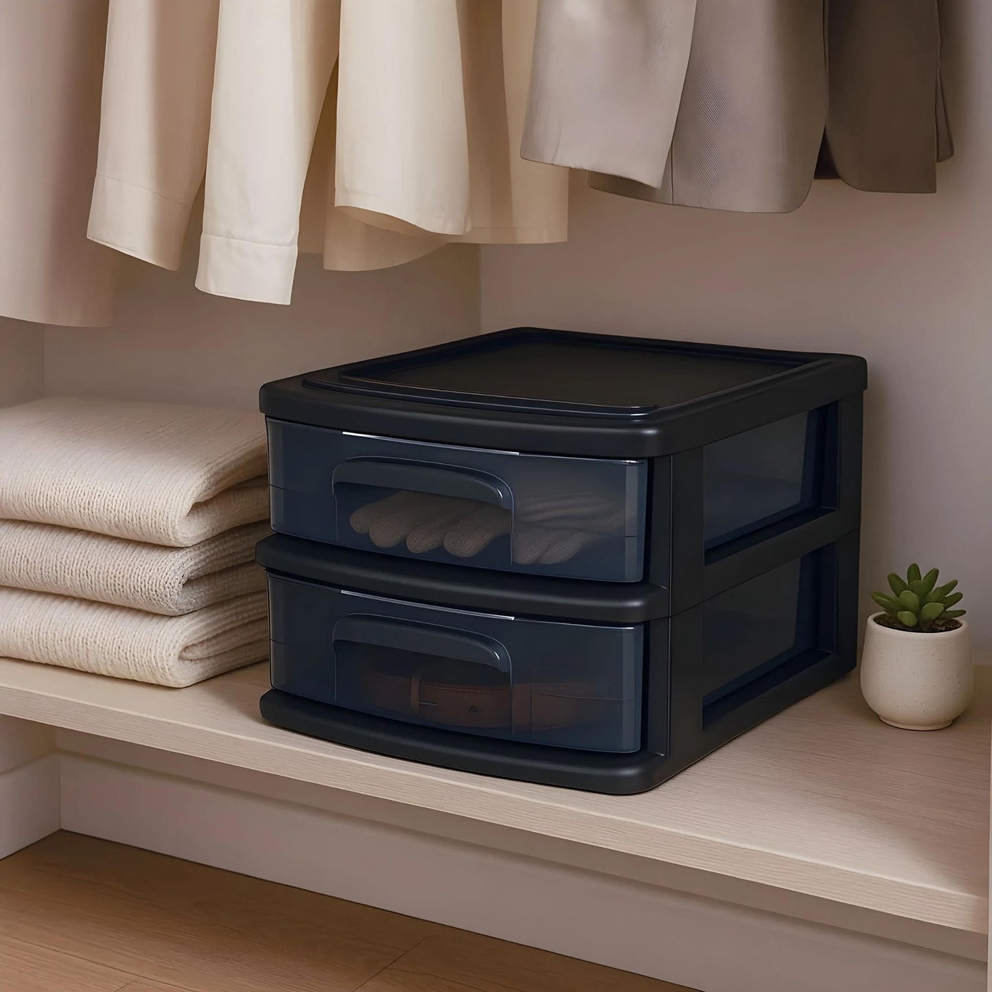 Homz Plastic 2 Drawer Medium Storage Cart, Black Frame with Smoke Drawer, 2 Pack