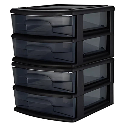 Homz Plastic 2 Drawer Medium Storage Cart, Black Frame with Smoke Drawer, 2 Pack
