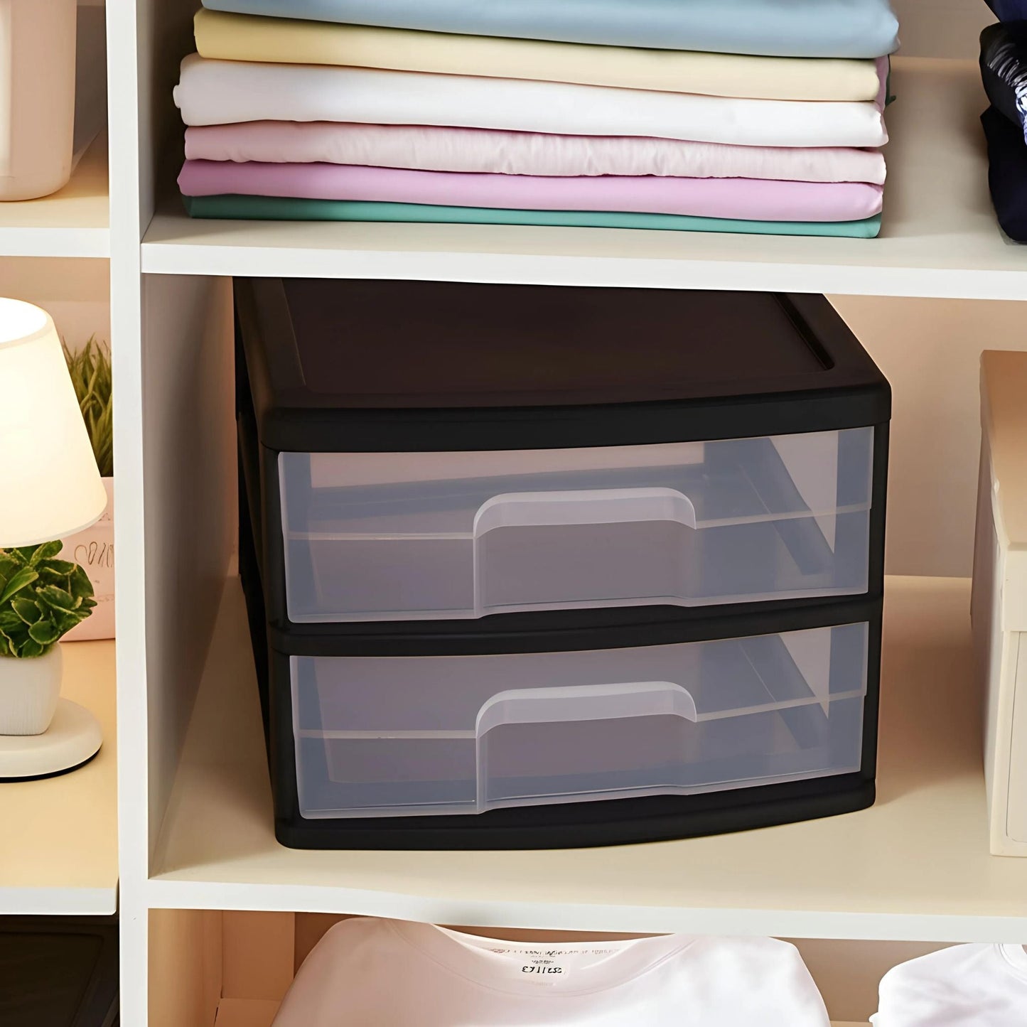 Homz Plastic 2 Drawer Medium Storage Cart, Black Frame with Clear Drawer, 2 Pack