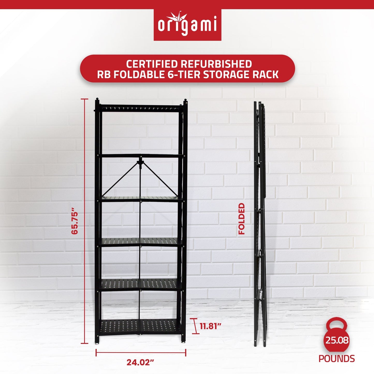 Origami RB Foldable 6 Tier Rack, Wheels, Tall/Slim, Black, Certified Refurbished