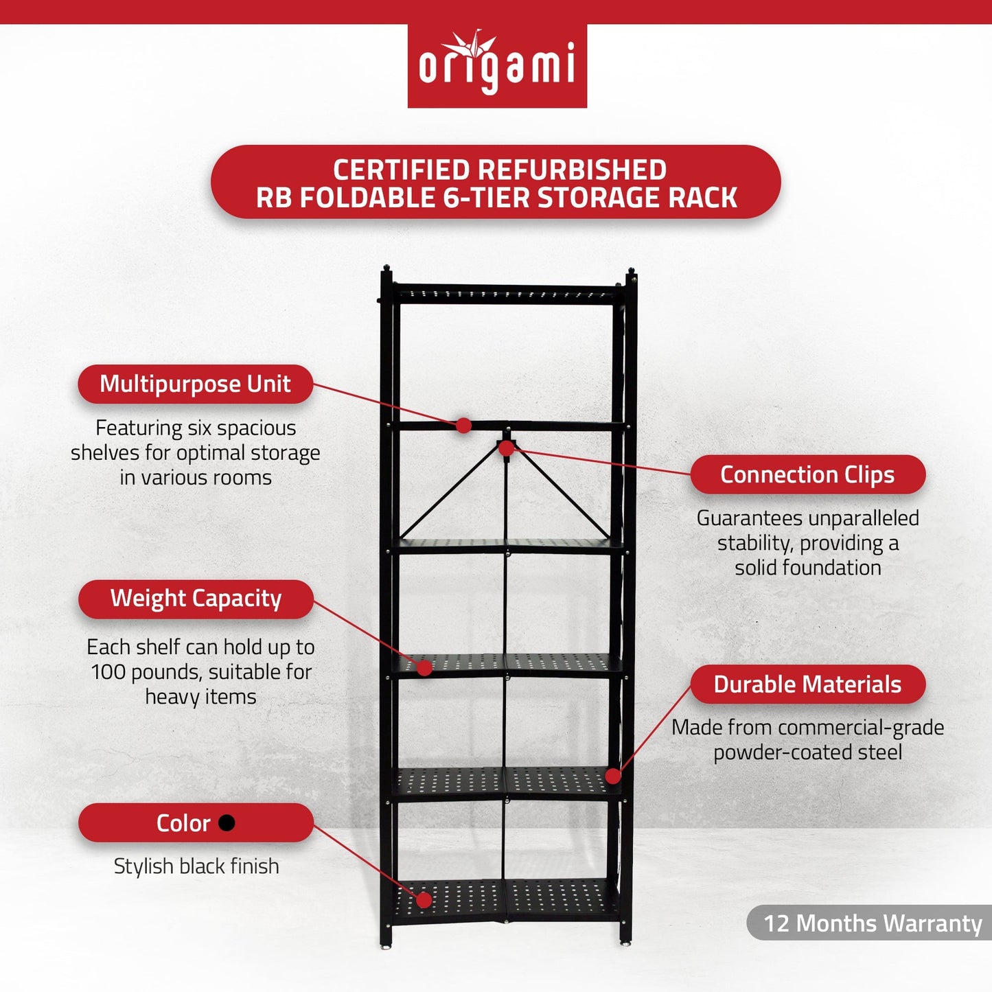 Origami RB Foldable 6 Tier Rack, Wheels, Tall/Slim, Black, Certified Refurbished