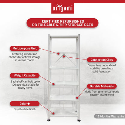 Origami RB Foldable 6 Tier Rack, Wheels, Tall/Slim, White, Certified Refurbished