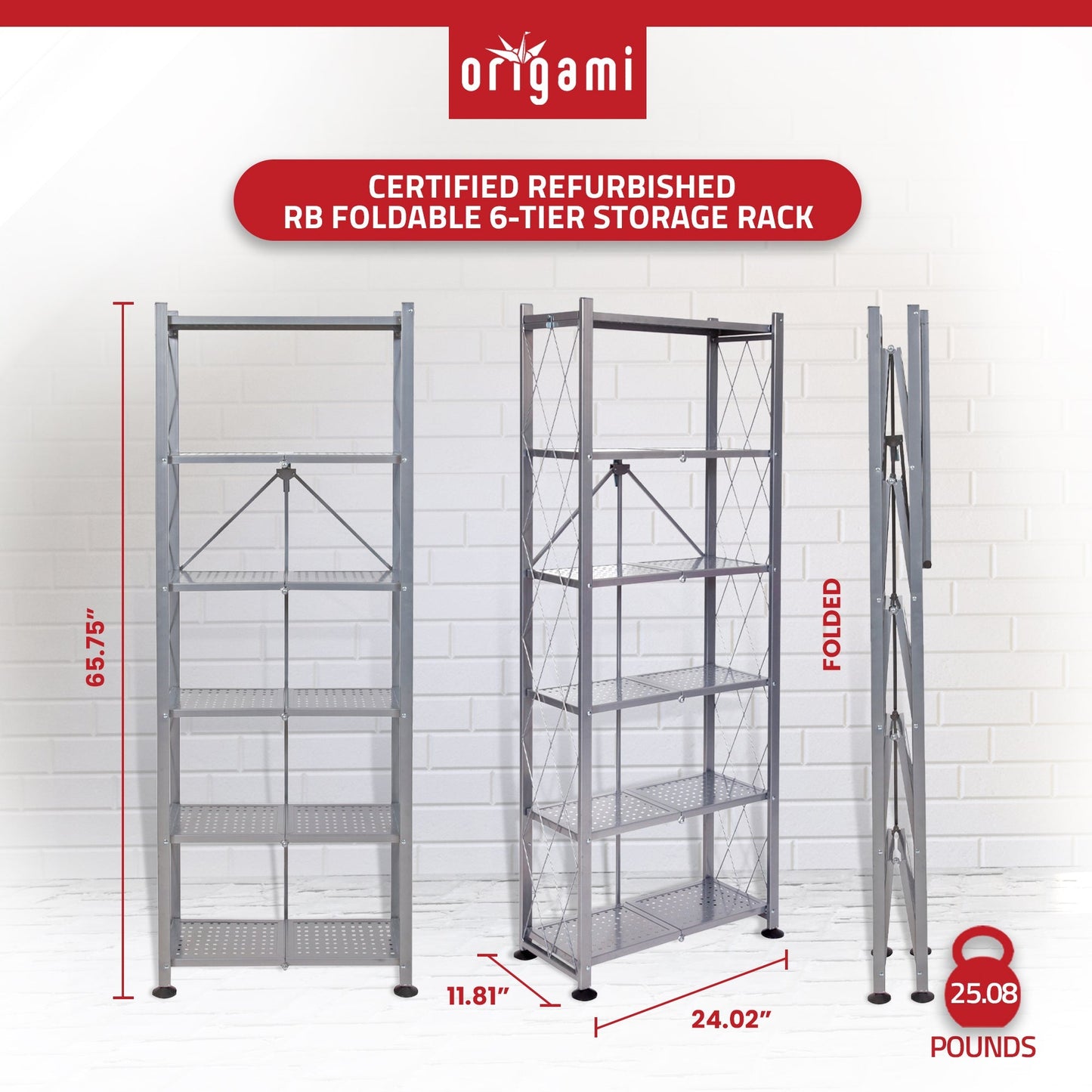 Origami RB Foldable 6 Tier Rack, Wheels Tall/Slim, Silver, Certified Refurbished