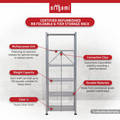 Origami RB Foldable 6 Tier Rack, Wheels Tall/Slim, Silver, Certified Refurbished