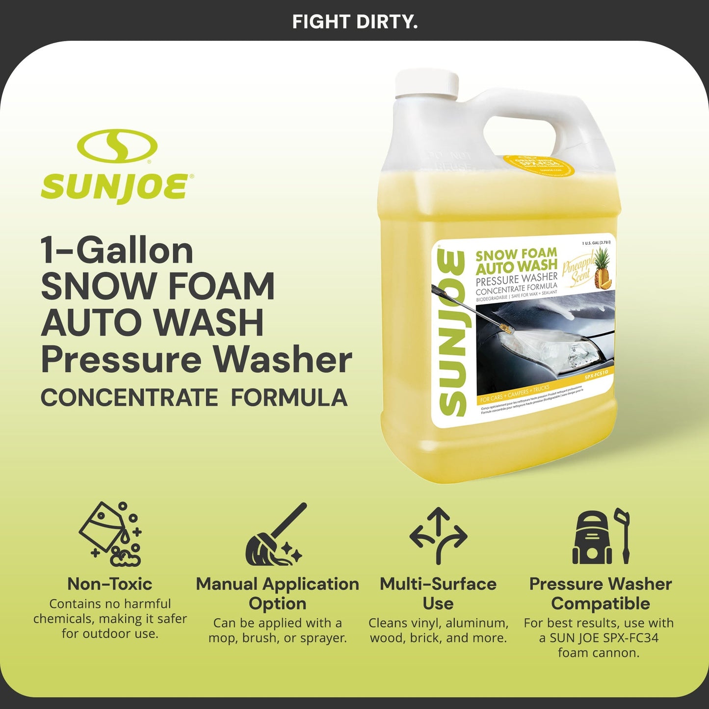 Sun Joe Premium Snow Foam Pineapple Scent Car Wash Soap & Cleaner, 1 Gal, FCS1G