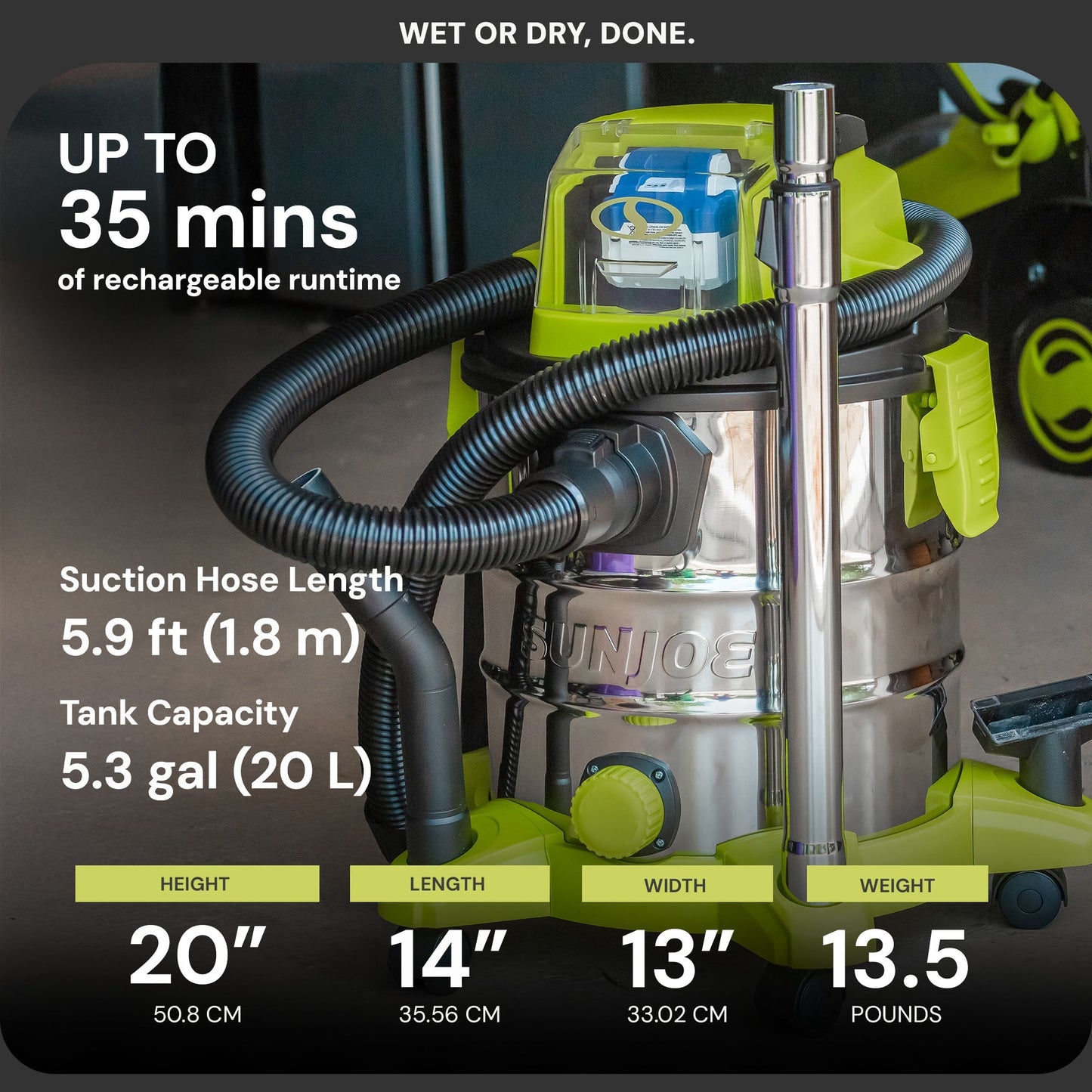 Sun Joe 24V Cordless Stainless Steel Wet or Dry Vacuum Kit, 5.3 Gal, 24V-WDV6000