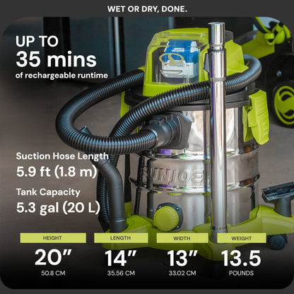 Sun Joe 24V Cordless Stainless Steel Wet or Dry Vacuum Kit, 5.3 Gal, 24V-WDV6000