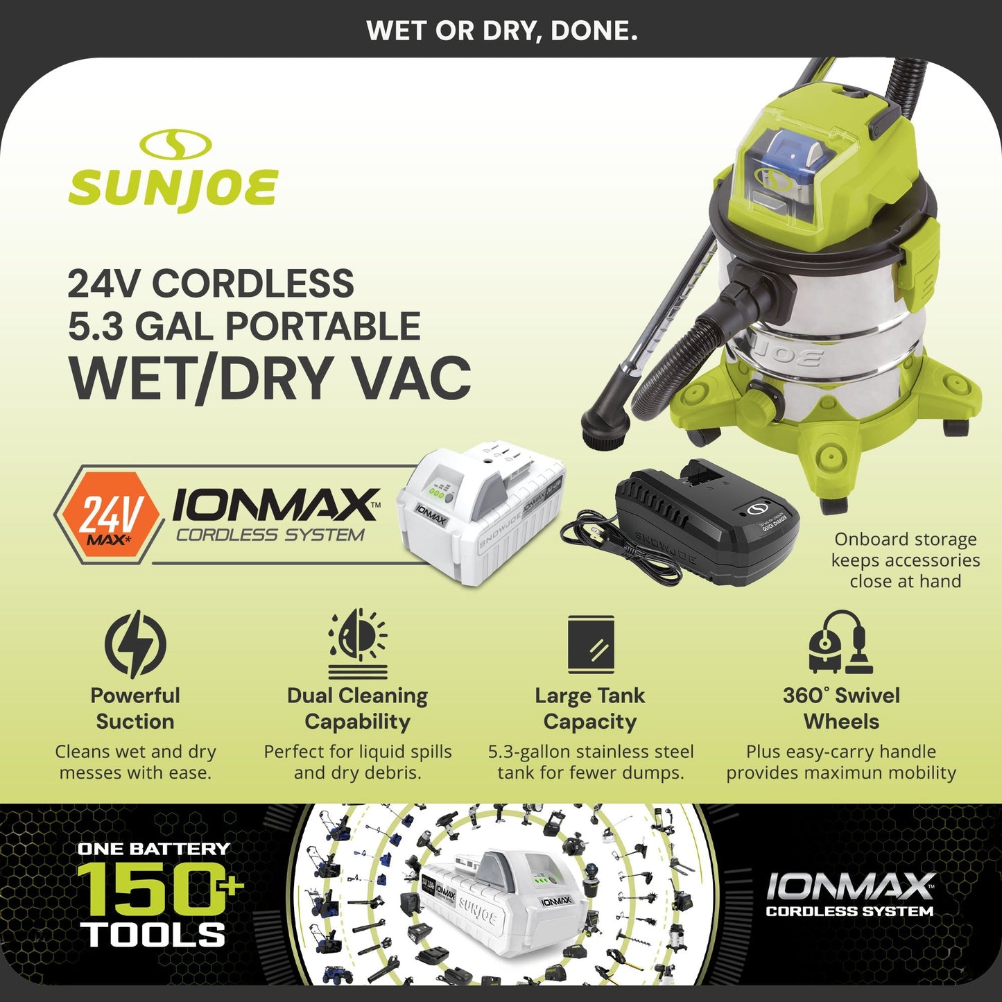 Sun Joe 24V Cordless Stainless Steel Wet or Dry Vacuum Kit, 5.3 Gal, 24V-WDV6000