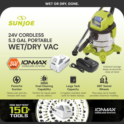 Sun Joe 24V Cordless Stainless Steel Wet or Dry Vacuum Kit, 5.3 Gal, 24V-WDV6000
