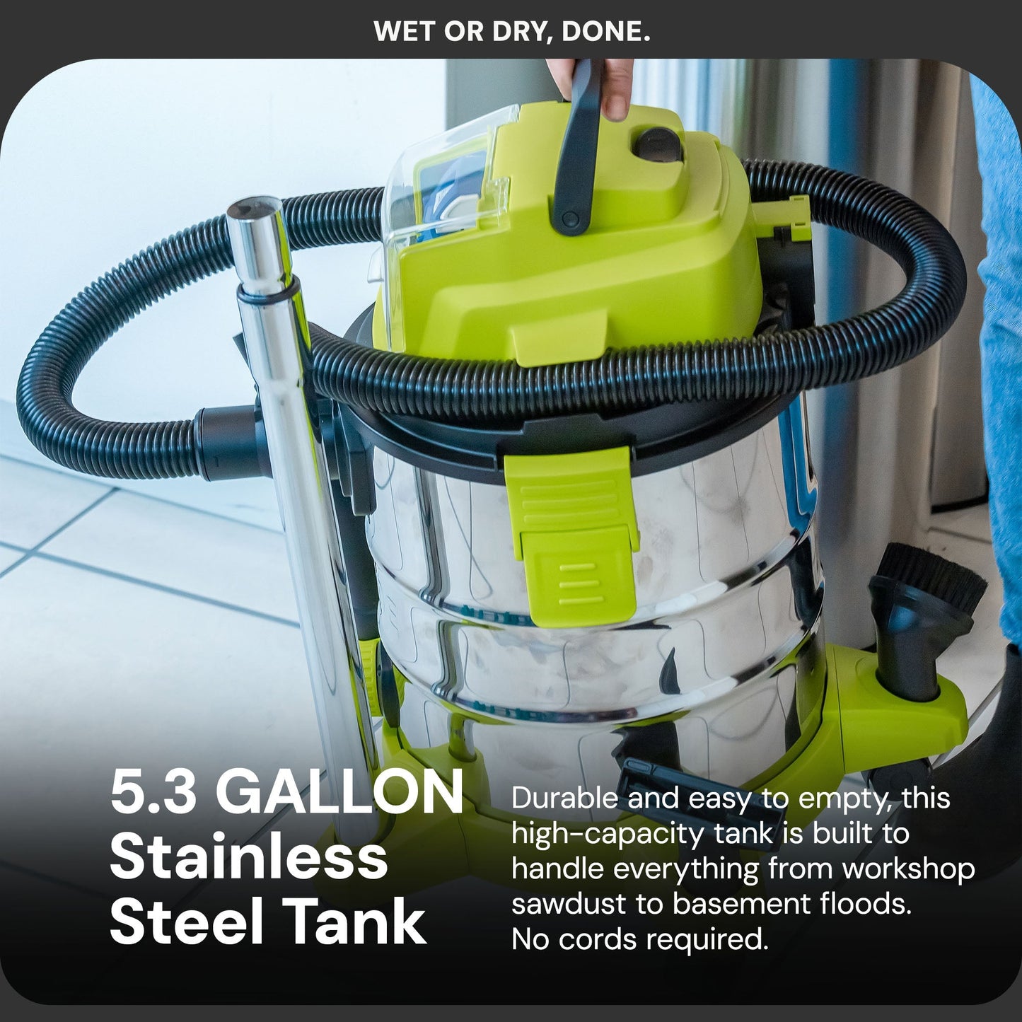 Sun Joe 24V Cordless Stainless Steel Wet or Dry Vacuum Kit, 5.3 Gal, 24V-WDV6000