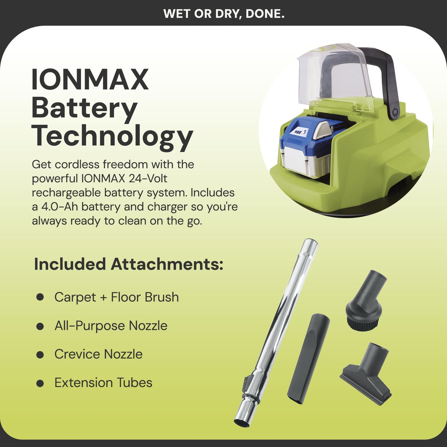 Sun Joe 24V Cordless Stainless Steel Wet or Dry Vacuum Kit, 5.3 Gal, 24V-WDV6000