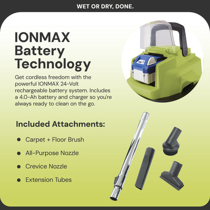 Sun Joe 24V Cordless Stainless Steel Wet or Dry Vacuum Kit, 5.3 Gal, 24V-WDV6000