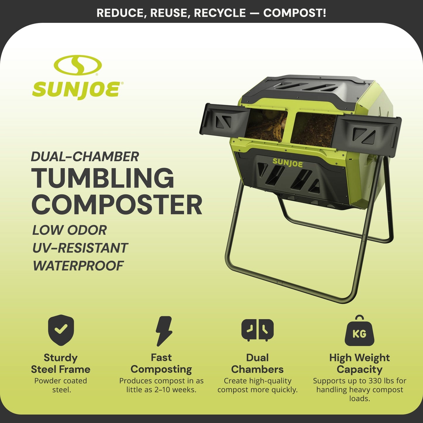 Sun Joe Dual Chamber Tumbling Composter, Advanced Aeration, 42 Gallon, SJ-CMPS1