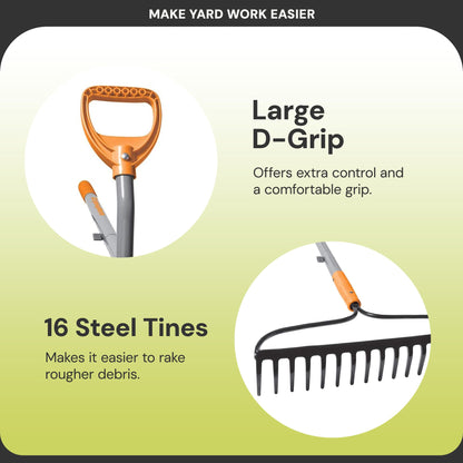 ErgieShovel 54 Inch Steel Bow Rake, Ergonomic Dual Handles, 16 Tines, ERG-BWRK16