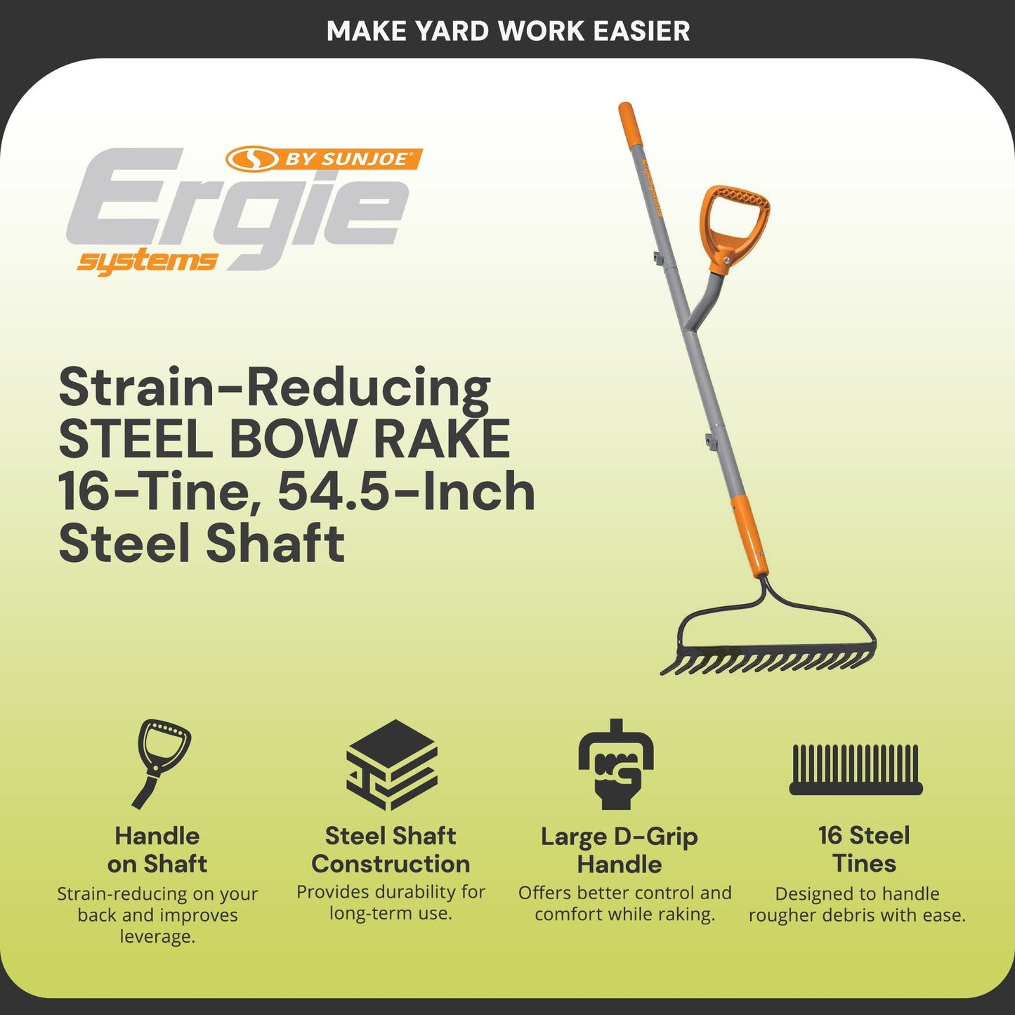 ErgieShovel 54 Inch Steel Bow Rake, Ergonomic Dual Handles, 16 Tines, ERG-BWRK16