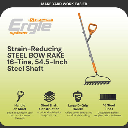 ErgieShovel 54 Inch Steel Bow Rake, Ergonomic Dual Handles, 16 Tines, ERG-BWRK16